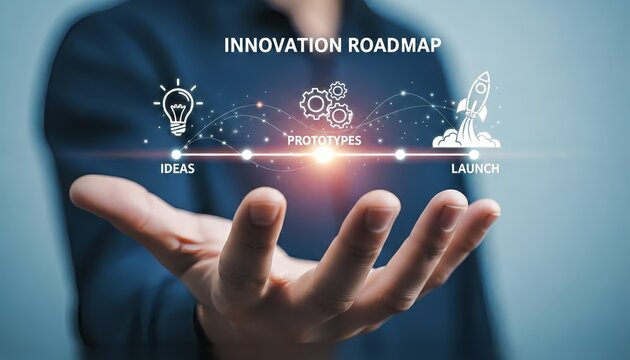 Hand presenting innovation roadmap with ideas prototypes and launch represented icons