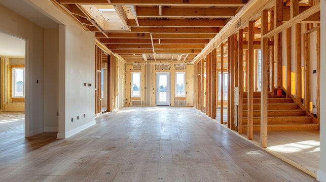 Modern Interior of Unfinished Home with Wooden Framework and Open Space - Powered by Adobe