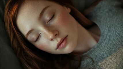A woman with freckles, asleep on her stomach. Her face is peaceful and relaxed.