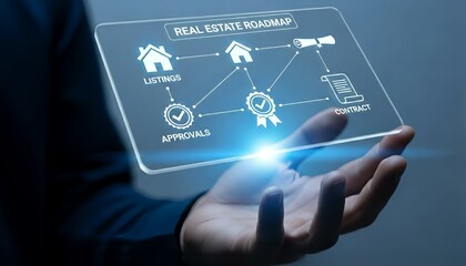 Person holding transparent display with real estate roadmap interface illustration