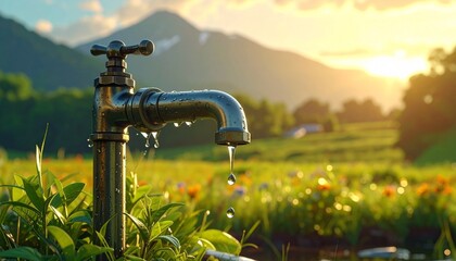 Close-up of modern chrome faucet with water flowing into sink, white tiled background, sliced citrus fruits and leafy greens nearby—symbolizing freshness, hygiene, and kitchen clarity.