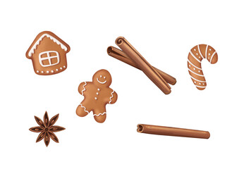 Hand-drawn isolated Christmas set with gingerbread cookies (man, house, cane), cinnamon sticks, and star anise