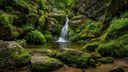 Waterfall cascading into a serene pond surrounded by lush, mossy rocks