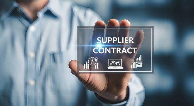 Man presenting supplier contract interface with icons in a virtual transparent frame
