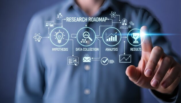 Man in blue shirt touching research roadmap diagram with hypothesis data analysis results