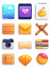 A grid of 12 distinct 3D icons, each representing a different concept or object, displayed against a white background.