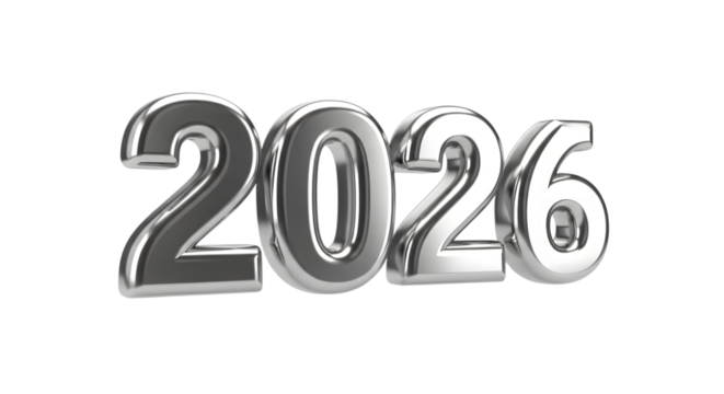 Shiny silver 2026 numbers isolated on transparent background