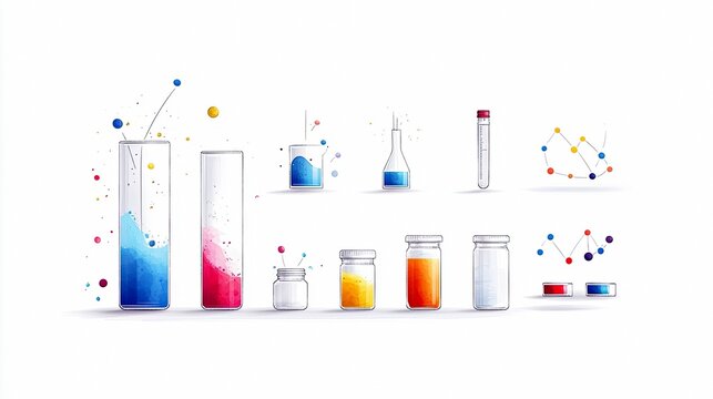 A collection of scientific laboratory equipment, including beakers, test tubes, and jars filled with colorful liquids, alongside molecular diagrams.