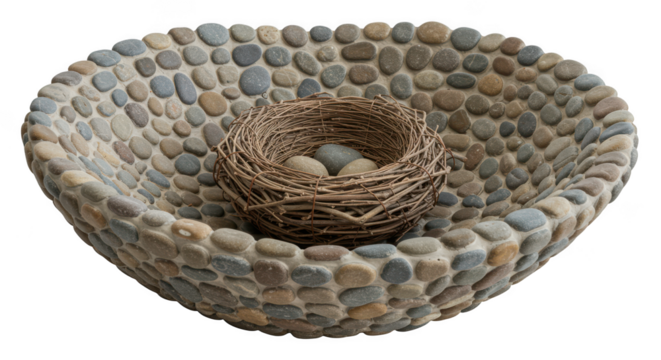 Bird s nest with eggs inside a stone bowl isolated on transparent background