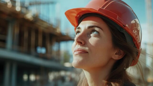 Woman wearing a hard hat and looking upwards in construction site with beams and scaffolding