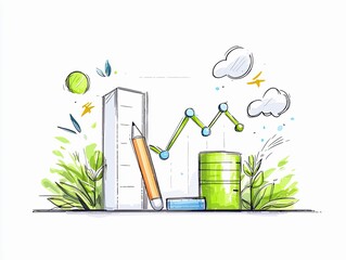 A hand-drawn illustration depicts business growth with a pencil, a line graph, and green foliage against a white background.