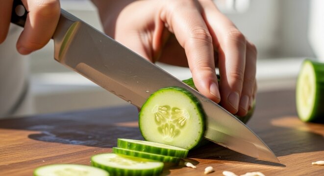 Slicing a cucumber on a wooden cutting board with a knife.