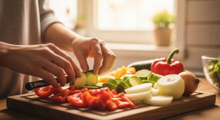 Person preparing fresh vegetables on a wooden cutting board in a kitchen setting.