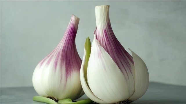 Three fresh garlic bulbs with green stems on a white surface.
