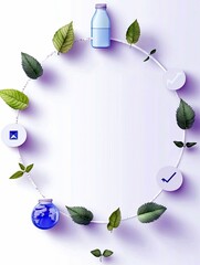 A circular path adorned with green leaves, a bottle of water, a globe, and icons symbolizing progress and achievement.