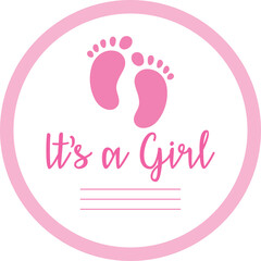 Pink Baby Footprints Circle It's a Girl Text Celebration Announcement