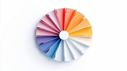 A circular fan of paper swatches displays a gradient of colors from red and pink to purple, blue, and orange, set against a clean white background.