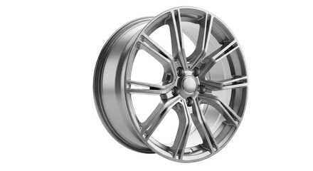 Fototapeta premium Shiny Silver Alloy Wheel with Complex Spoke Design and Metallic Finish Isolated on Black Background Reflecting Light for Automotive Application
