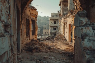 Fototapeta premium Many destroyed buildings in brown landscape after war times. Neural network ai generated art