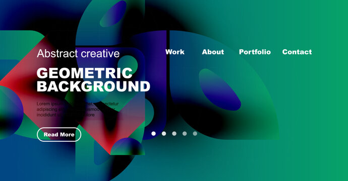 Vibrant website header design. Fluid shapes, bold text, navigation options present. Modern aesthetic, colorful gradients dominate visual space.