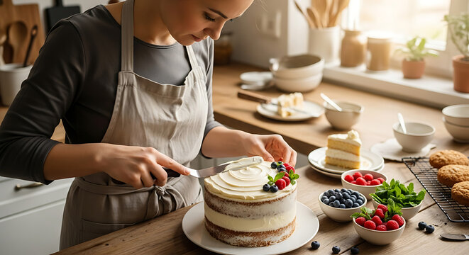 Woman decorating a delicious layered cake with fresh berries.