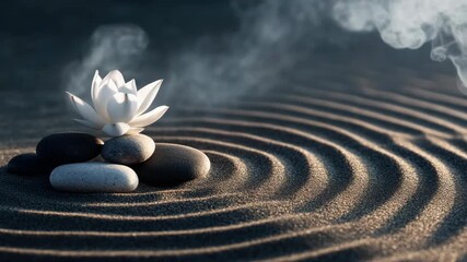 Pink petal lotus flower on sandy beach, peaceful mindfulness practice area.