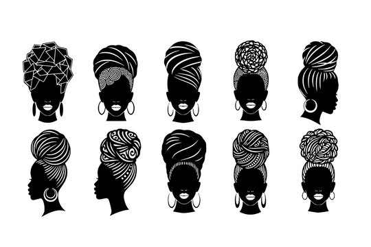 Set of silhouette afro girl. Collection of black woman face with stylized hairstyle. Vector illustration of girl head with stylized haircut.
