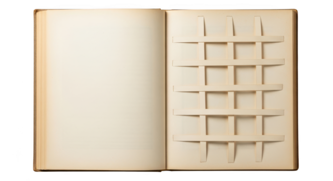 Open album page with empty slots for collecting isolated on transparent background