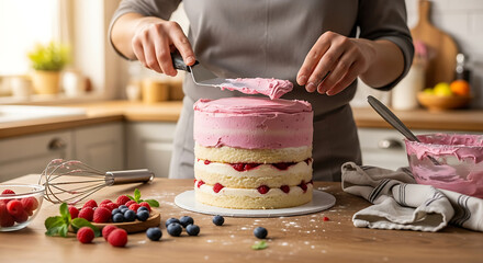 Woman decorating a delicious layered cake with pink frosting.