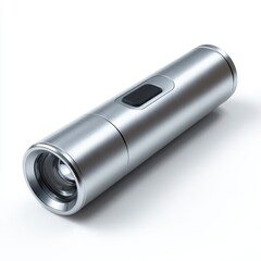 A modern sleek brushed aluminum flashlight with a black button on a white background Its lens is visible at the front