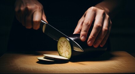 Close-up of hands slicing an eggplant on a wooden cutting board with a knife.