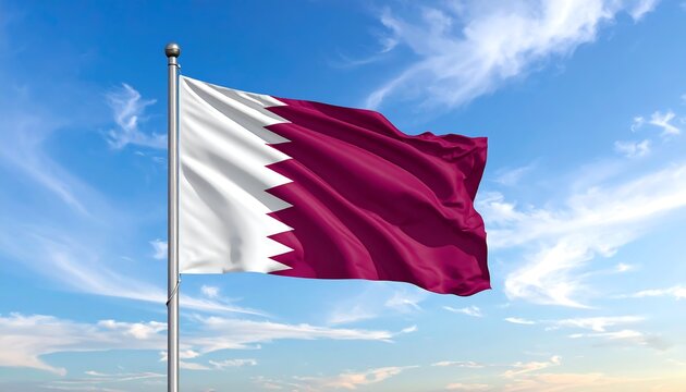 Qatari flag waving on a pole against a bright blue cloudy sky