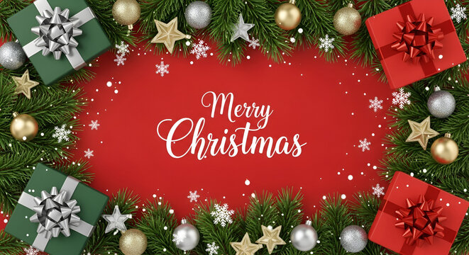Merry Christmas Red Background Holiday Frame Border Gold Stars Ornaments Pine Branches Gift Boxes Snowflakes Winter Festive Celebration 3D Render