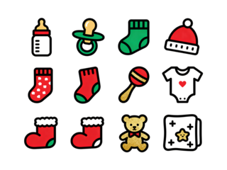 Baby items icon set with bottle pacifier socks and winter hat design elements