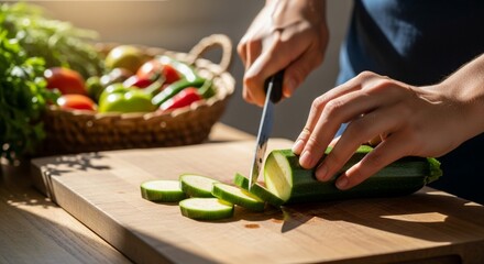 Slicing zucchini on a wooden cutting board with a knife, preparing a healthy meal.