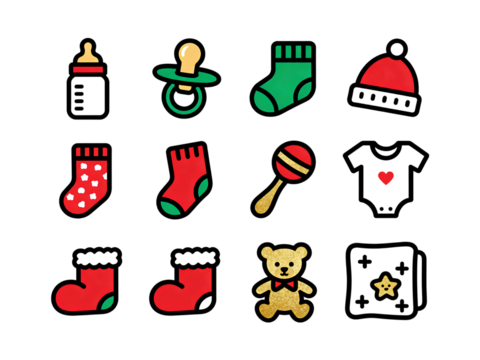 Baby items icon set with bottle pacifier socks and winter hat design elements