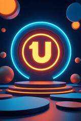 Neon Podium With Glowing Circular Logo And Spheres