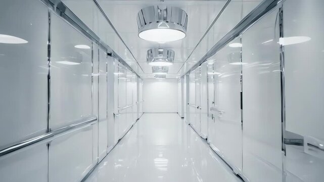 Clean, bright, empty hallway with reflective surfaces and overhead lighting