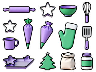 Baking tools accessories set isolated on transparent background whisk bowl roller decor