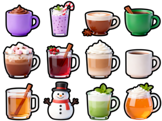 Collection of mugs isolated on transparent background coffee cacao drinks warm beverage
