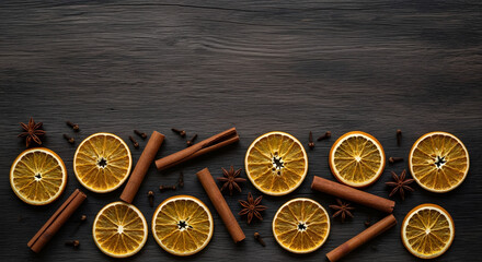 Warm aromatic spices like cinnamon sticks, star anise, cloves, and dried orange slices create a cozy festive holiday season backdrop.