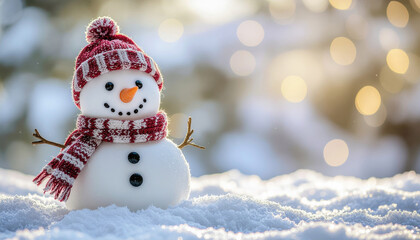 Cheerful snowman with red scarf and hat stands in fresh snow, glowing warmly in winter holiday setting