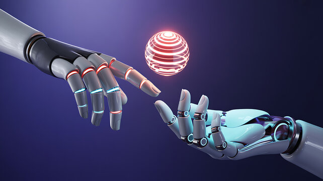 Future handshake between two advanced robotic hands reaching for a glowing orb symbolizing innovation and technology