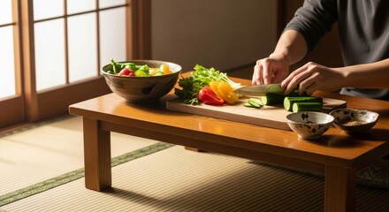 Person preparing a healthy salad with fresh vegetables on a low table.