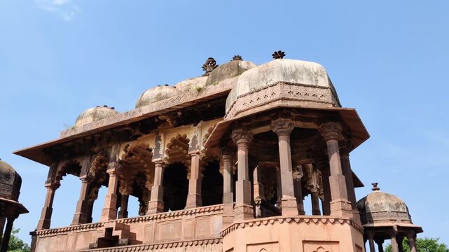 Sawai Madhopur, Rajasthan, India 10 November 2025:Footage of architecture of Battis Khamba Chhatri at Ranthambore fort shot during daylight
