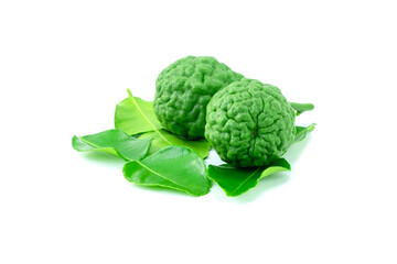 Fresh Kaffir lime or Citrus Bergamot fruit with green leaves isolated on white background close up stack