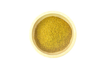spices and herbs, Dried curry powder in wooden cup isolated on white background top view with clipping path stack 