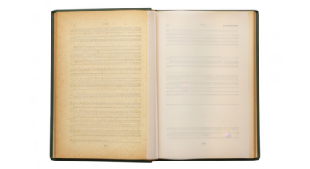 Open antique book pages with text isolated on transparent background