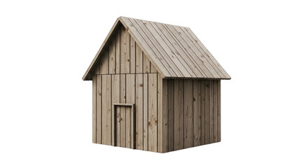 Rustic wooden shed with weathered planks and a pitched roof isolated on a transparent background