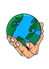 Illustration of a hand holding the world